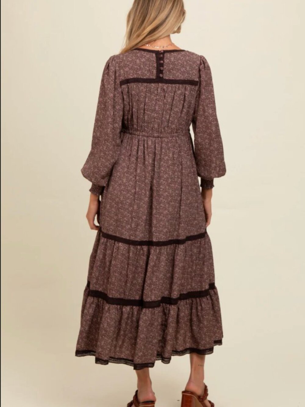 Brown Floral Lace Trim Bubble Sleeve Maternity Maxi Dress - Picture 3 of 6